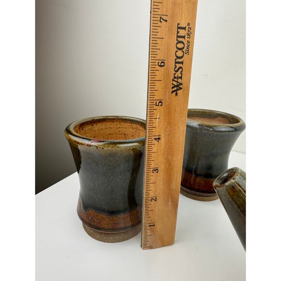 Brown Green Ceramic Hand Thrown Pottery Decorative Cup & Teapot Tea Set 3-Piece - Picture 7 of 12